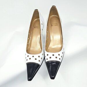 Stuart Weitzman White Leather Perforated Pumps with Black Pointed Toe, Size 7.5